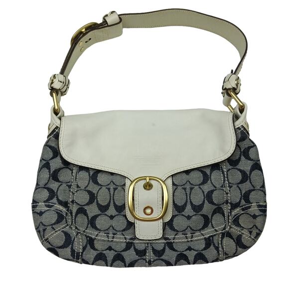2007 Coach Resort Collection Signature Denim Parchment Leather Bleecker Bag - Picture 1 of 10